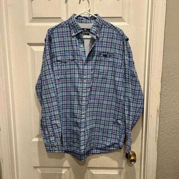Vineyard‎ Vines Men’s Vented Harbor Shirt Blue Pink Plaid Large Fishing Gorpcore - Picture 1 of 8